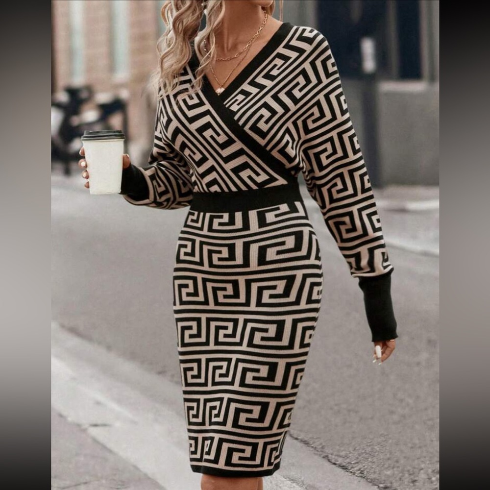 Classic Cozy Abstract Print Surplice Neck Batwing Sleeve Sweater Dress - Picture 1 of 5